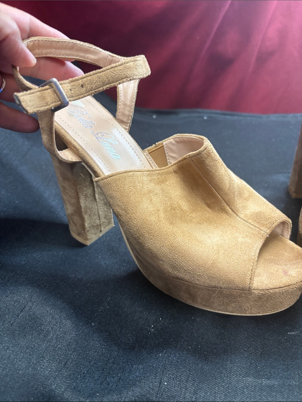 Suede Tan Platform Peep-Toe Block Heel Sandals